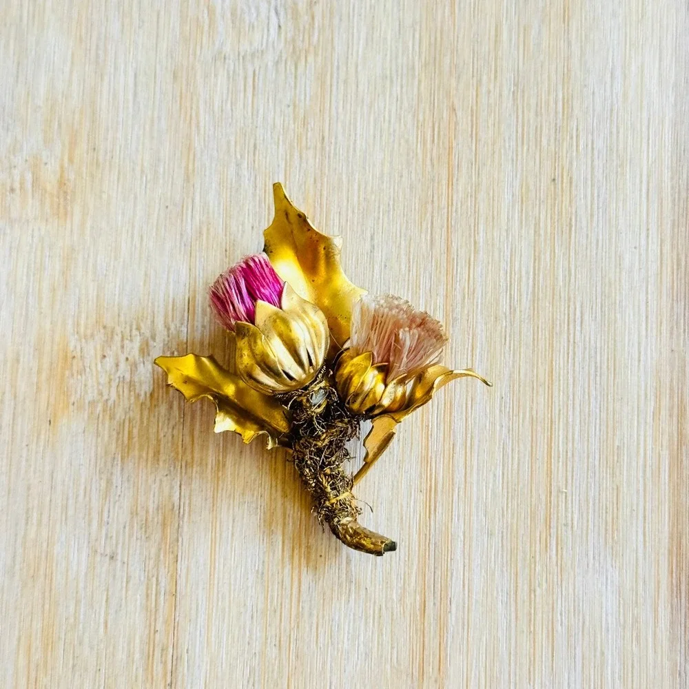 Floral Thistle Pin Fur Dress Clip VTG Antique Art Deco France Signed Gold Motif
